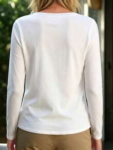 Balvessa Women's Casual Versatile Long Sleeve Pure Cotton T-Shirt With Asymmetric Placket, V-Neck And Button Decor - White - View 2