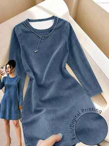 EMERY ROSE Plus Size Women's Round Neck Long Sleeve Denim Effect Print Casual Dress Fall - Blue - View 1
