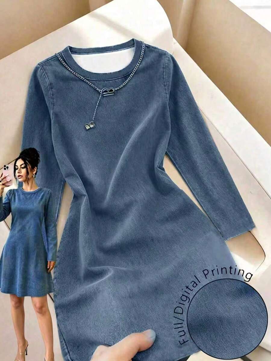 EMERY ROSE Plus Size Women's Round Neck Long Sleeve Denim Effect Print Casual Dress Fall - Blue - View 1