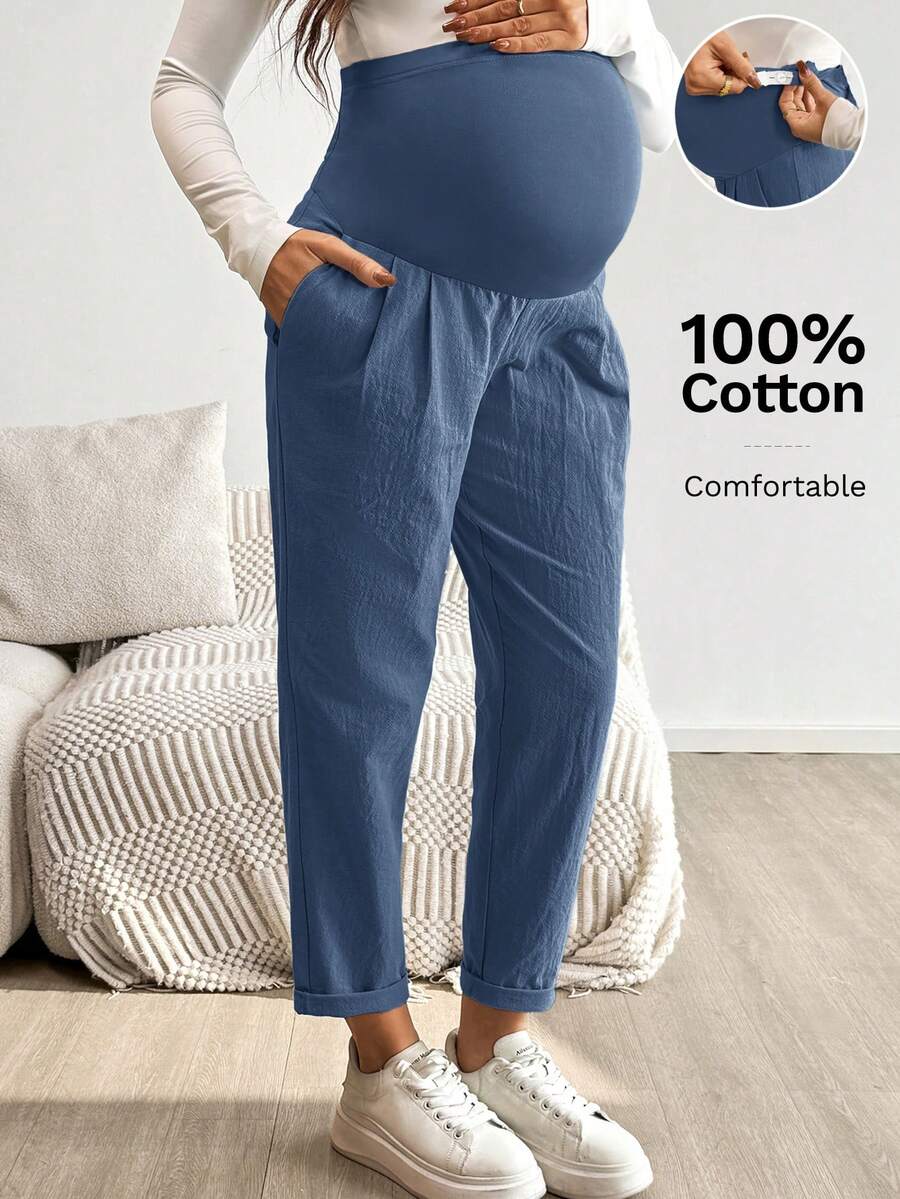 SHEIN 孕婦純色可調腰圍休閒長褲,附口袋,秋季款 - 藍色 - 查看 1