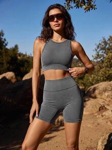 SHEIN Sports 女款戶外無縫啞光水洗捲腰運動短褲，緊身單車褲，適合跑步、健身、騎行及其他運動 - 灰色 - 查看 3