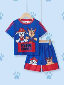 SHEIN | PAW Patrol بلوزة وشورت كاجوال يومي مطبوع عليهما رسوم كرتونية للأولاد، بياقة دائرية وأكمام قصيرة - الأزرق - مشاهدة 1