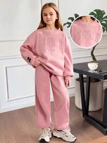 SHEIN Serisse Kids 青少年女孩寬鬆休閒字母壓紋拼接細節字母圖案圓領套頭運動衫與運動長褲2件套 - 粉色 - 查看 8