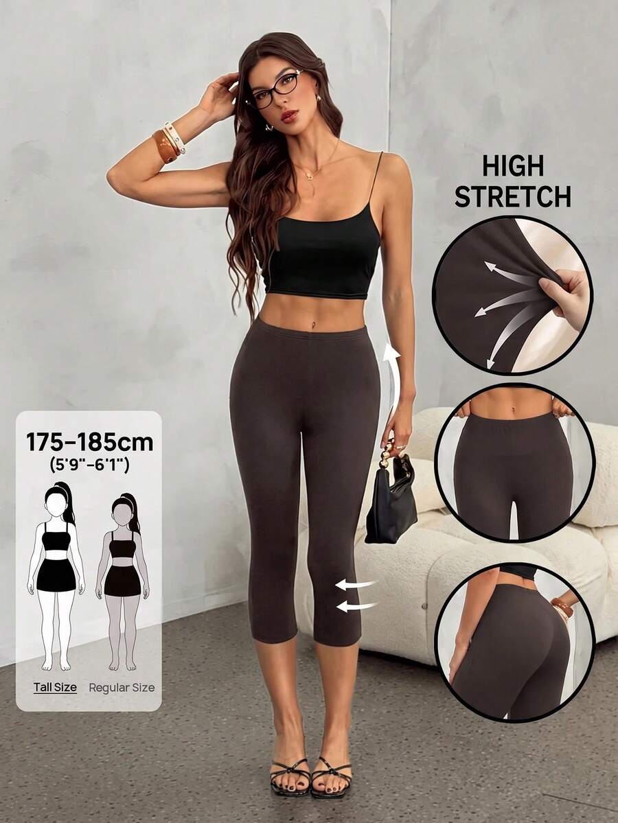SHEIN Tall 女款純色性感休閒提臀收腹七分褲健身深灰色夏季 - 棕色 - 查看 1