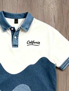 Manfinity Hypemode Men's American Retro Wave Colorblock Denim Effect Patchwork Polo Shirt - Multicolor - View 4