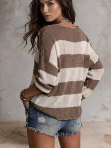 Solivie Sweater V-Neck Bergaris Blok Warna Kasual untuk Liburan Wanita, Atasan Dasar untuk Keluar di Musim Gugur - Khaki - View 2