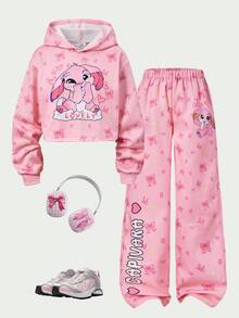 Casuvi Kids 女童兩件式運動衫套裝，休閒基礎百搭趣味卡通圖案滿版印花針織連帽短版落肩套頭運動衫，搭配梭織滿版印花同色寬鬆直筒長褲，適中厚度，適合春秋日常休閒運動與戶外度假穿著 - 粉色 - 查看 1