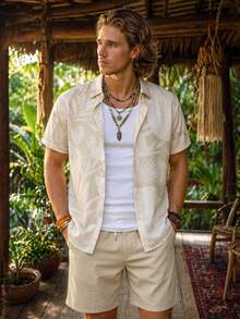 Alderstead Plus Size Men's Summer White Boho Beach Outfit,Plant Print Button-Front Shirt & Shorts Set,Resort Wear Cruise Holiday Vacation Tropical Outfits - Khaki - View 6