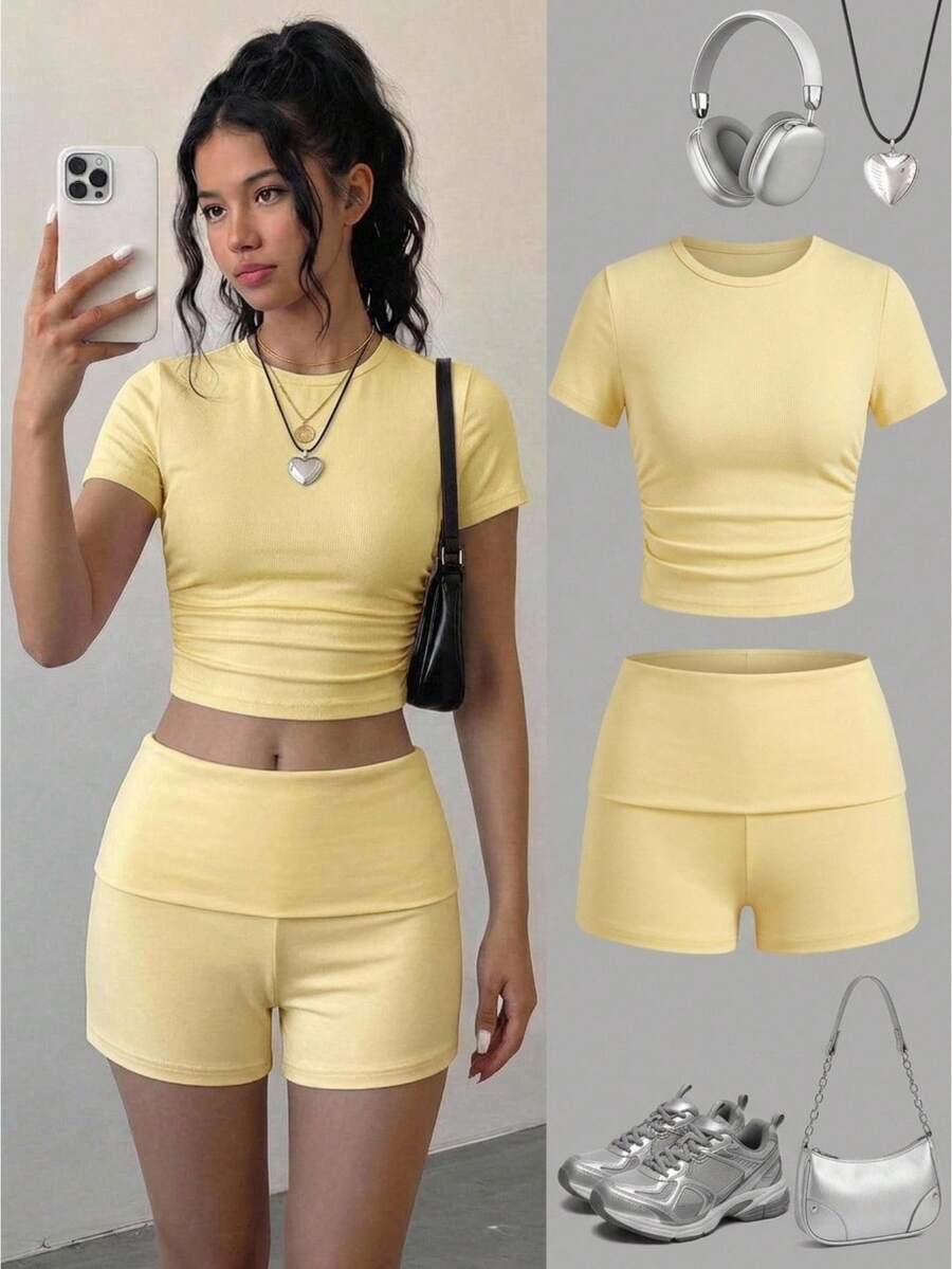 Setelan Pullover Rajut Kasual Warna Kuning Polos untuk Remaja Perempuan + Celana Pendek Kuning, Pakaian Musim Panas, Gaya Dasar, Gaya Kasual, Gaya Sporty - Kuning - View 1