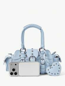 Viva Strut Ladies Fashionable Personalized Street Sweet Cool Babes Y2K Style Heart Pendant Vintage Locomotive Handbag, Light Blue Fauxn Leather - Sky Blue - View 6
