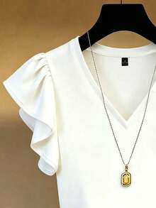 EMERY ROSE Camiseta de manga corta con cuello en V y ribete de volantes, elegante estilo francés, talla grande, ajuste ceñido - Multicolor - Ver 3
