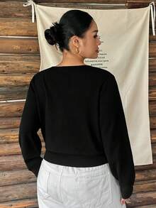 Dazy Plus Solid Color Asymmetric Neckline Hollow-Out Waist-Cinching Short Long Sleeve Black Autumn/Winter New Pullover Sweater - Black - View 2