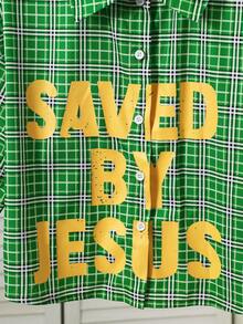 SHEIN Teen Girl Black And White Plaid Letter Print Drop Shoulder Short Sleeve Shirt, Shirt Collar, Dropped Shoulder Design, Low Neck, Girls Plaid And Letter Print Short Sleeve Top, Suitable For Daily Wear, Outings, Spring And Summer - Green - View 4