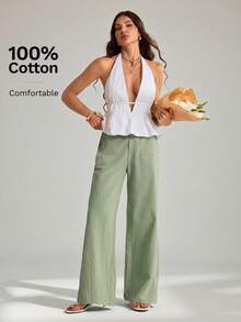 SHEIN Tall 100%水洗棉低腰直筒長褲 - 薄荷綠 - 查看 7
