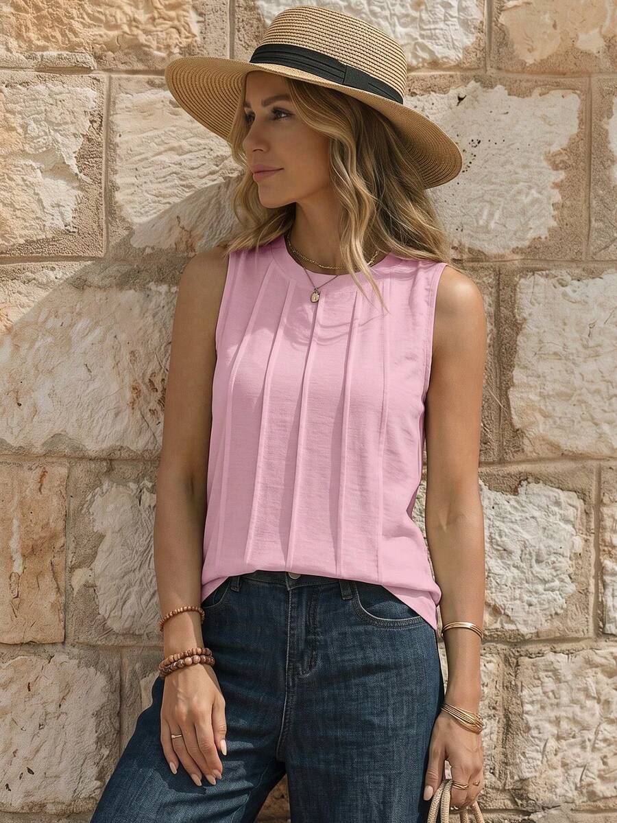 EMERY ROSE Women's Casual Solid Color Round Neck Loose Tank Top, Summer - Pink - View 1