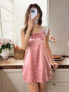 LuxeNights Women's Satin Full Print Heart Patchwork Lace Nightgown - Dusty Pink - View 5