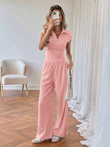 SHEIN LUNE 休閒女款 Polo 領短袖上衣與長褲 2 件套裝 - 粉色 - 查看 6