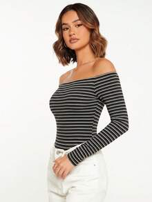 SHEIN BASICS Women's Striped Off-Shoulder Long Sleeve Bodysuit - Black and White - View 4