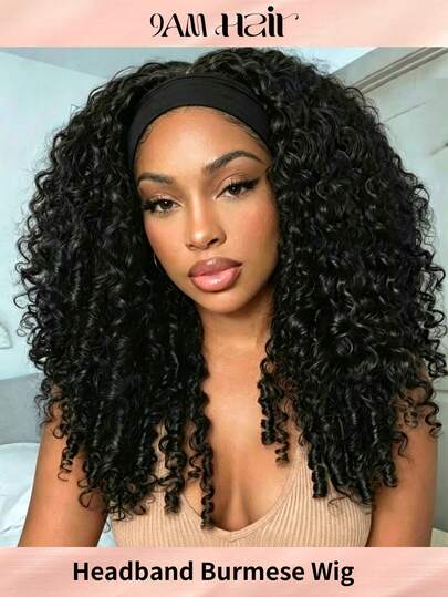 Headband Burmese Curly Wigs For Women 150% Density Human Hair Headband Burmese Curly Wig Easy To Wear No Glue Half Wig With Headband Non Lace Put On Go Wigs (12-18inch) Beginner Best Choice For Daily Use