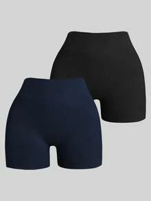 SHEIN Velisys 2件組 常規短褲 V腰 黑色+海軍藍 運動短褲 健身/瑜伽 - 彩色 - 查看 2