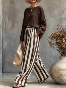 Breezaya Women's Loose Round Neck Long Sleeve Top & High Waist Brown Striped Wide Leg Pants 2 Pieces Casual Vacation Outfit - Multicolor - View 5