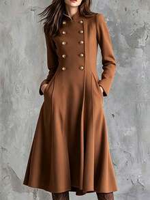 SHEIN Holidaya Mantel Trench Wanita Musim Gugur/Dingin, Atasan Berwarna Cokelat, Cocok untuk Kantor, Kerja, Acara Malam, Busana Tahun Baru dengan Gaya Napoleon yang Elegan - Coklat - View 6