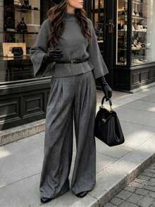 Balvessa Delicate Comfortable High Neck Raglan 3/4 Wide Flared Sleeve Fashion Elegant Commuter Style Versatile Women's Knit Top - Grey - View 6