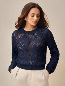 Anewsta Round Neck Short Crochet Asymmetrical Floral Pattern Fitted Cover Up - Royal Blue - View 2