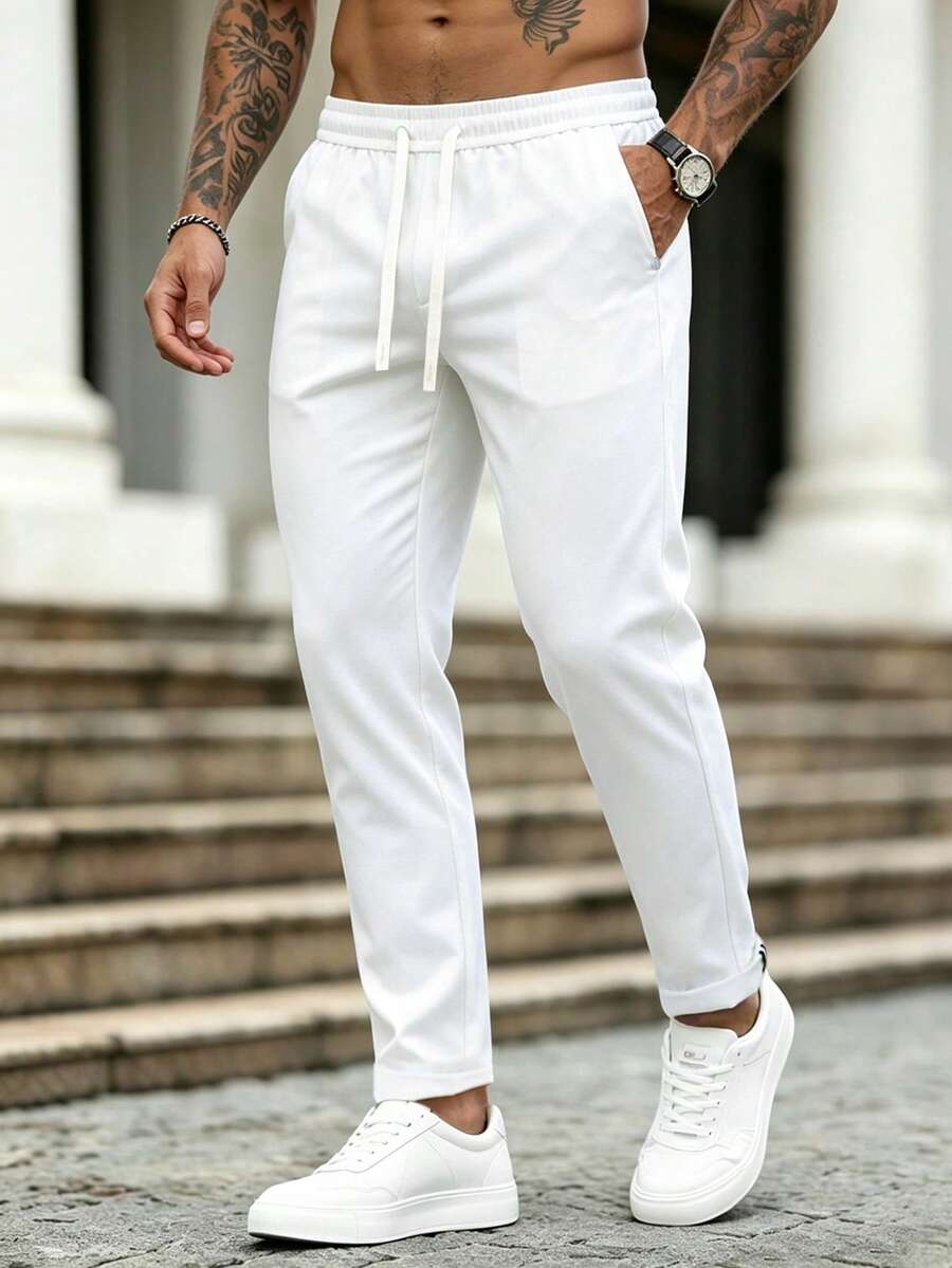 Manfinity CasualCool Men's Mature Casual Solid White Tapered Plus Size Long Pants - White - View 1