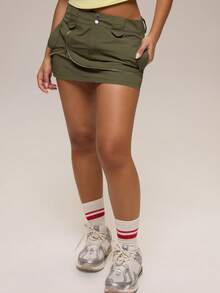 MUSERA Green Shell Cargo Button Detail Mini Skirt Winter Casual Day Comfy Outfit Cool  Green Womens Skirt - Khaki - View 3
