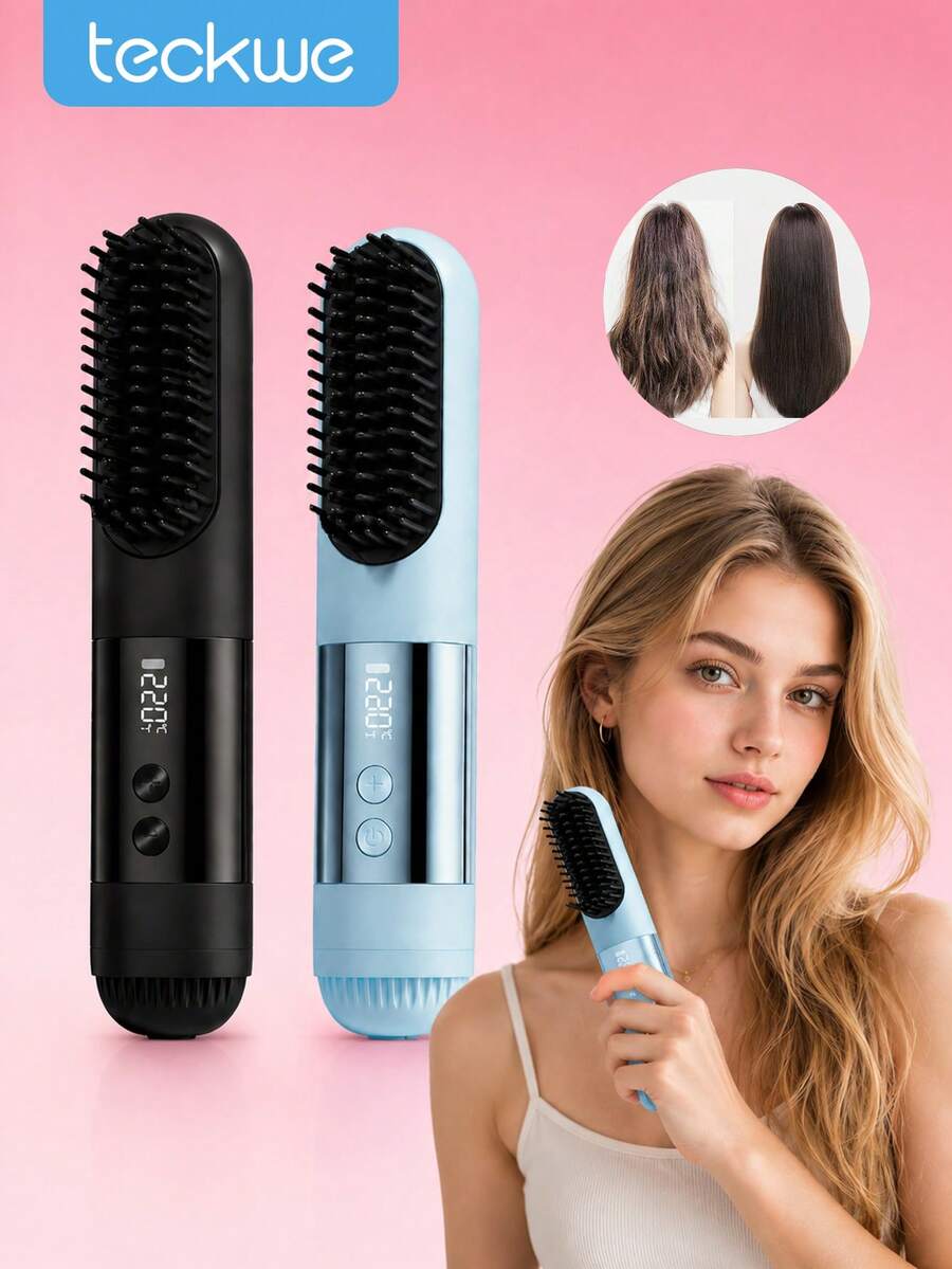 Teckwe New USB-C Charging Straightening Brush, 20S Rapid Heat-Up, Temperature-Controlled And Heat-Resistant Design, Ceramic Hair Protection Layer, Smooth Styling With One Stroke, Suitable For Various Home And Travel Scenarios, 2600 MAh.