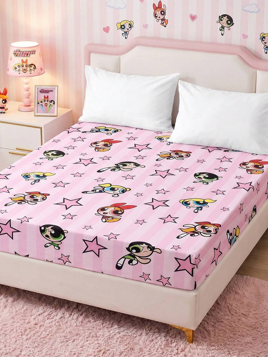 THE POWERPUFF GIRLS X SHEIN 1件粉色卡通角色圖案床墊,可愛複合布料鬆緊帶床墊,適合臥室,可愛床上用品,送給她的禮物 - 粉色 - 查看 1