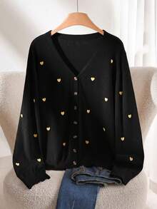 CosyJoli Women's Plus Size Heart Embroidery Basic Cardigan - Black - View 2