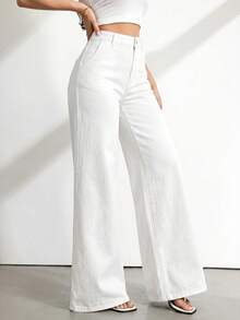 SHEIN Tall Women's Casual Versatile Solid Color Wide Leg Jeans - White - View 4