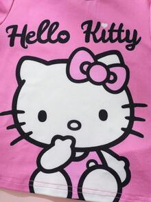 HELLO KITTY AND FRIENDS | SHEIN 女嬰字母印花短袖T恤與短褲休閒套裝 - 粉色 - 查看 4