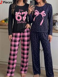2件組女款青少年極簡時尚新款純黑色上衣，67元素印花圓領長袖，搭配經典黑粉格紋長褲，休閒舒適居家外出服 - 黑色 - 查看 1