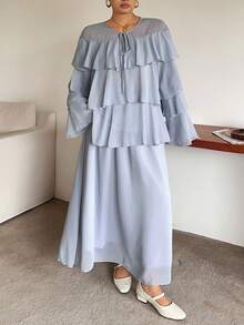 Dazy Plus Holiday Outfit Chiffon Round Neck Ruffle Blouse Casual Skirt 2 Pieces Set Spring Summer Autumn Wedding Guest Women Long Sleeve Tops - Dusty Blue - View 7