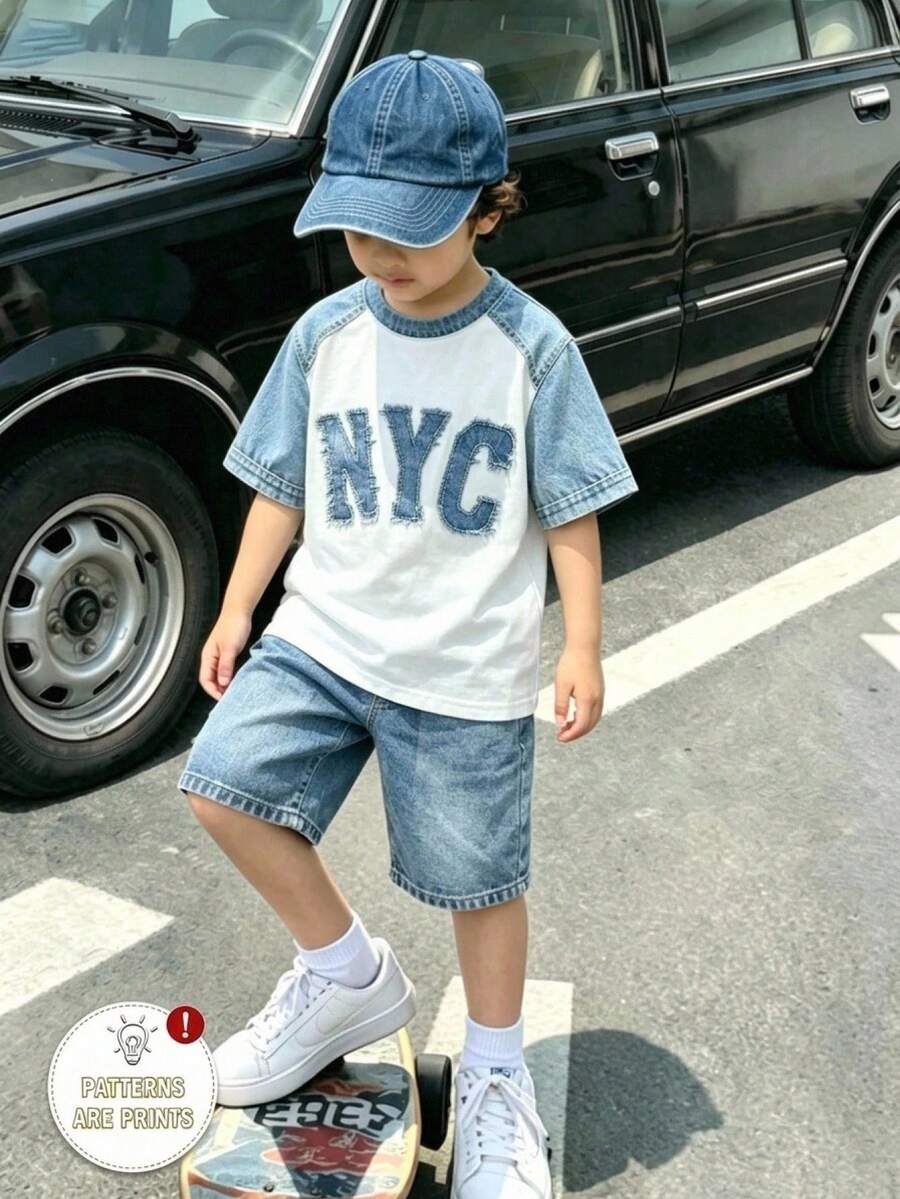 小男孩休閒簡約拼接色字母印花T恤短褲套裝 - 彩色 - 查看 1
