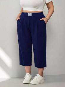 SHEIN CURVE+ 大尺碼女款休閒商務多功能純色高腰錐腳口袋長褲，海軍藍，適合辦公、度假、徒步、演唱會，夏季款 - 藏蓝色 - 查看 6