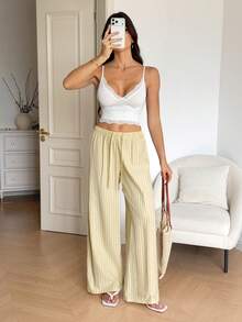 SHEIN Tall 女款休閒寬鬆條紋寬腿長褲 - 黃色 - 查看 6