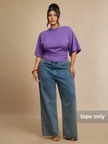SHEIN BAE Plus Size Women's Solid Color Ruched Fitted Versatile Casual T-Shirt Fall - Purple - View 7