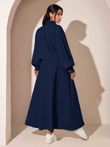 Veilorie Women's Solid Color Pleated Dress And Long Sleeve Cardigan Casual Daily 2-Piece Set - Navy Blue - View 2