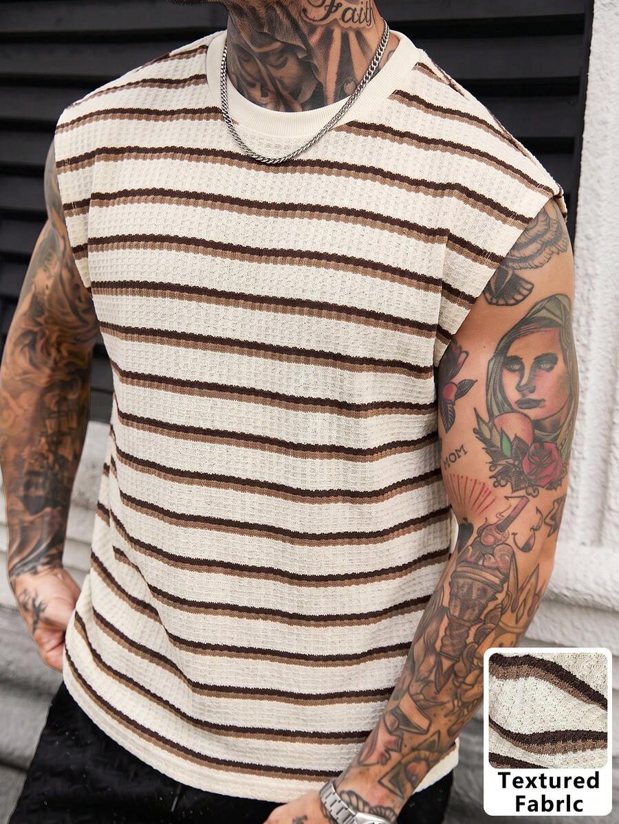 Manfinity Homme Men's Plus Size Tank Top, Comfortable Striped Jacquard Fabric, Small Round Neck, Casual Vacation, Party Gathering, Daily Dating, Simple Versatile Style, Sports, Cycling, Suitable For Yourself Or As A Gift For Friends - Multicolor - View 1
