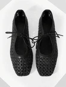 Mnmlis Women Black Flats With Lace-Up Detail Weave Hollow Out Design Round Toe Casual Ballet Shoes - Black - View 1
