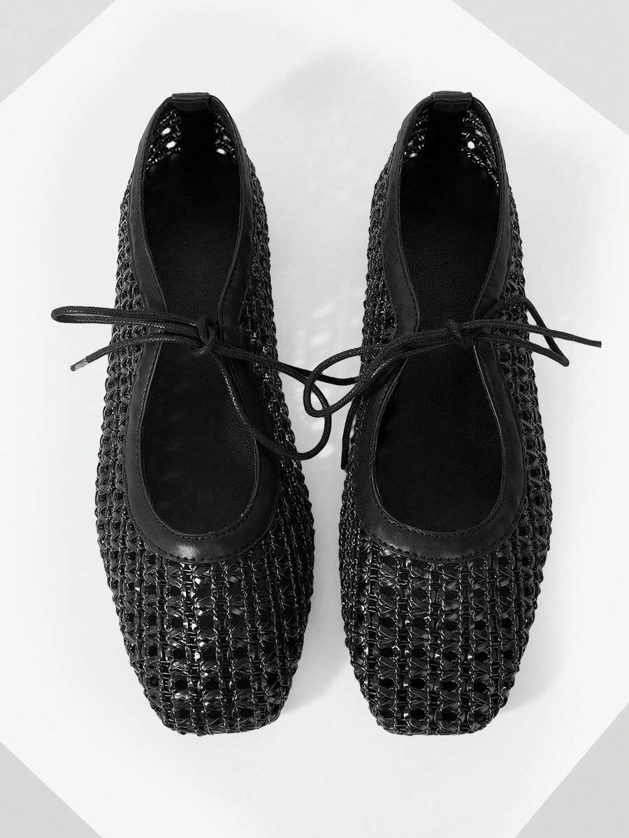 Mnmlis Women Black Flats With Lace-Up Detail Weave Hollow Out Design Round Toe Casual Ballet Shoes - Black - View 1