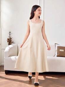 SHEIN Serisse Kids Tween Girl Casual Solid Color Woven Tank Dress, Tween Girl - Apricot - View 6