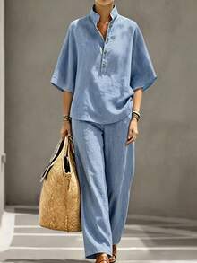 SHEIN LUNE CURVE Plus Size Woven Casual Shirt & Pants 2 Pieces Set, Vacation Autumn - Blue - View 3