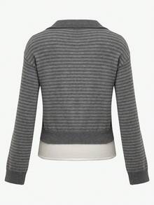GlowEve Premium Versatile 2 In 1 V-Neck Striped Slimming Elegant Top - Grey - View 2