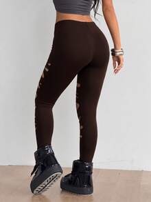 SHEIN ICON 女款素色鏤空休閒百搭日常穿著緊身內搭褲 - 棕色 - 查看 2