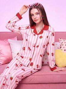 Provexi Provexi Bubble Crinkle Pink Striped Strawberry Print Long Sleeve Long Pants Pajama Set - Multicolor - View 6